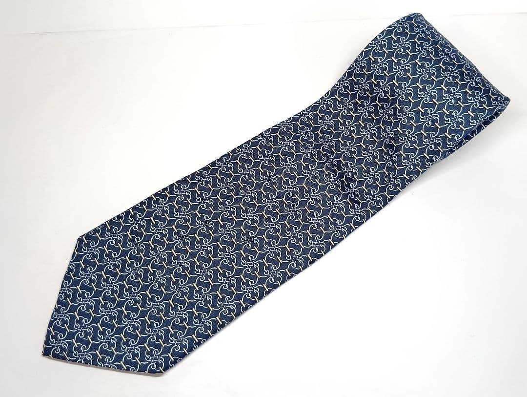 HERMES Necktie Tie Geometric Navy Made in France Used Men's 100% Silk Authentic