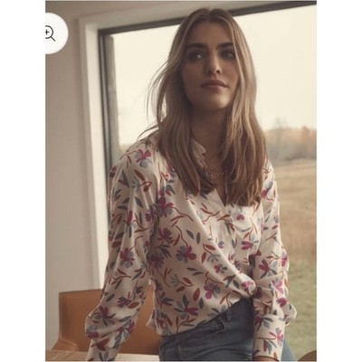 #688 Hatley Cream Floral Button-Down Blouse with Pink and Blue Accents