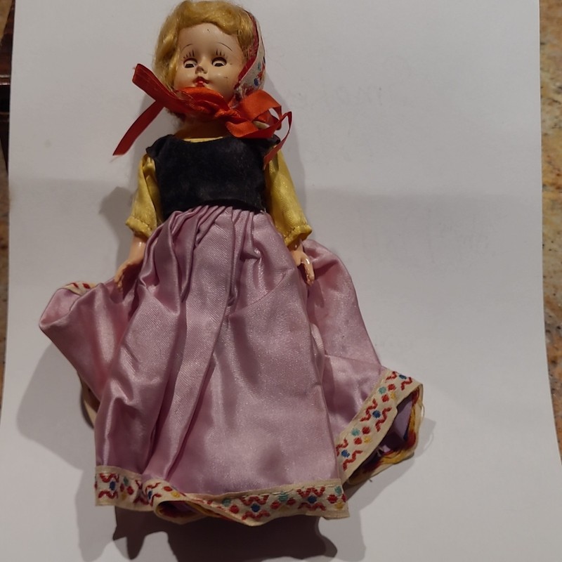 Vintage Blonde Light Complexion Fashion Doll Purple Traditional Dress Headscarf