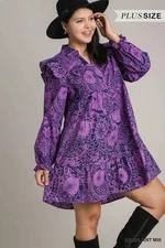 Umgee Plus Size Eggplant Mixed Print Flutter Ruffle Long Sleeve Cotton Dress