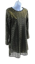 NY Collection Womens Dress Long Sleeve Round Neck Color Black and Gold Lined
