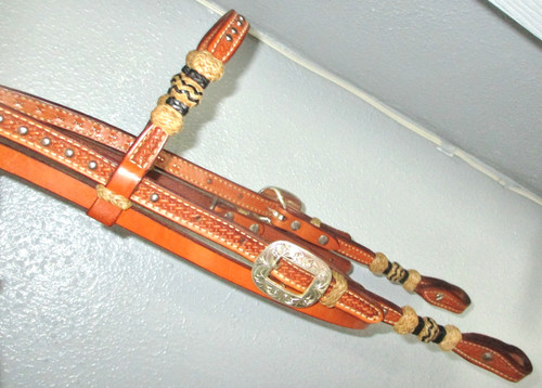 Basket Stamped Silver Buckles Browband Bridle Rawhide Accents-EXCELLENT QUALITY