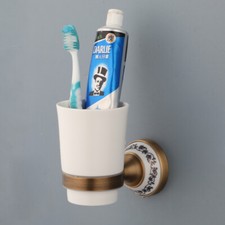 Bathroom Antique Brass Toothbrush Holder With White Ceramic Cup Wall Mounted