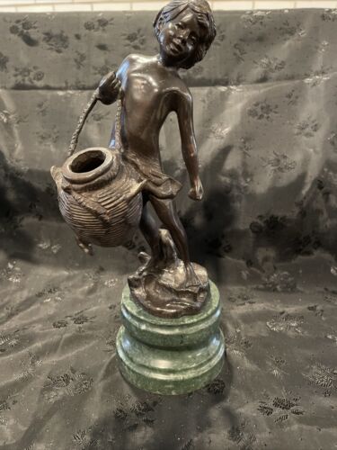 Vintage Bronze Marble Sculpture. Andrea By Sadak. Boy with Basket. 11” - Imagen 1 de 9