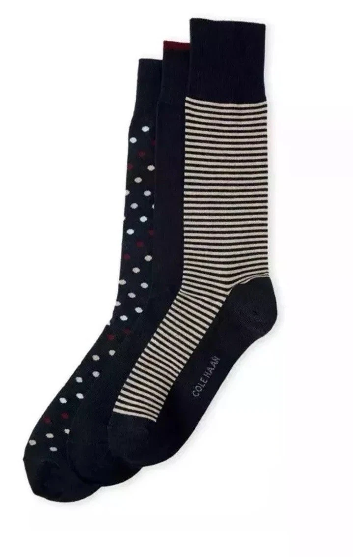 COLE HAAN MENS 3 PAIR PACK COTTON SOCKS DOT-STRIPE-SOLID NAVY/SUNSET GOLD OS NWT