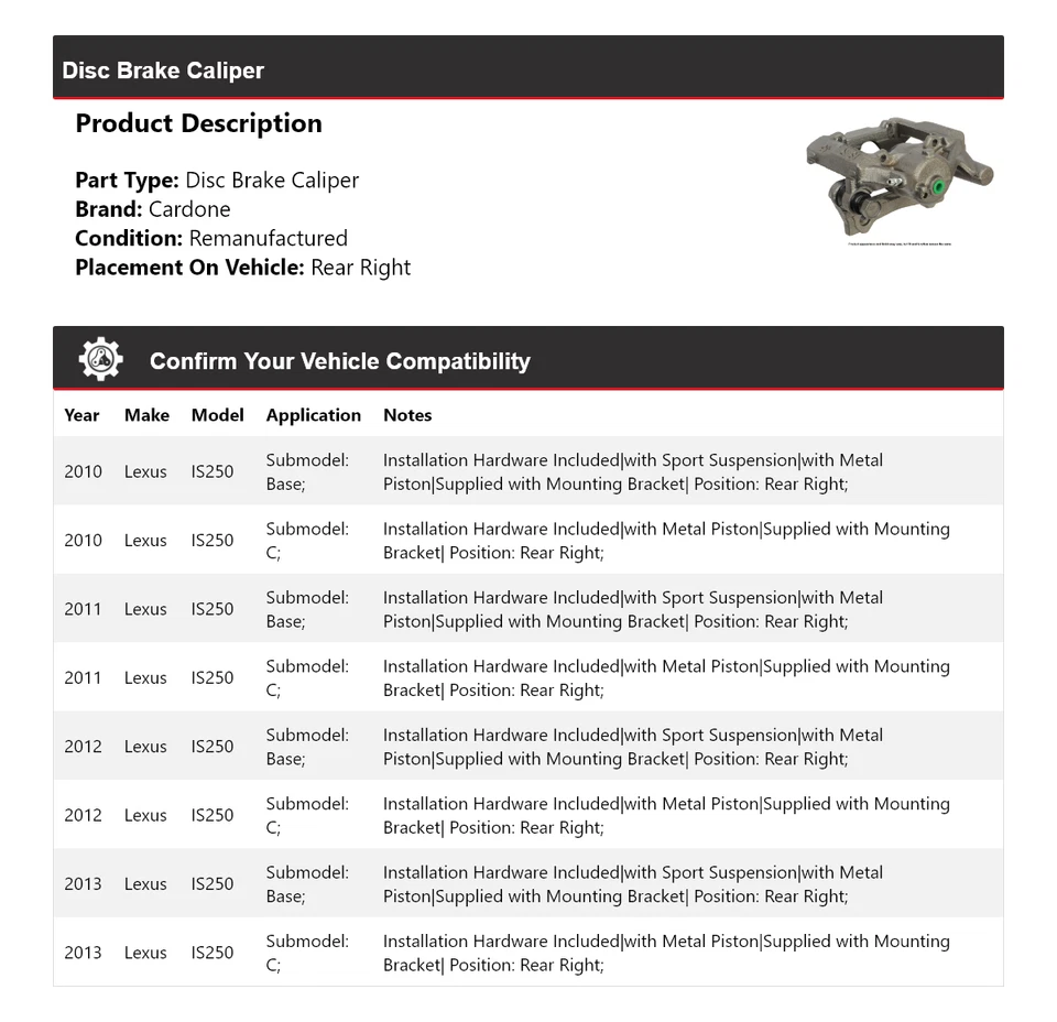Pinza de freno de disco trasera derecha Cardone 2011 2012 para Lexus IS250 2010-2013 Foto 2 de 4