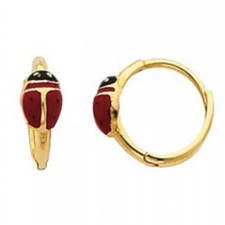 14K Gold Enamel Ladybug Huggies Hoop Fancy Earrings Aretes de Mariquita