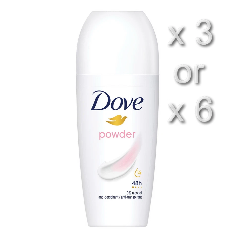 DOVE POWDER ROLL ON ANTIPESPIRANT DEODORANT 50ML 3 OR 6 PACK