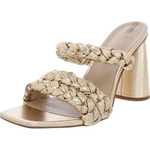 Sam Edelman Kendra Gold Leaf Leather Block Heel Squared Open Toe Slip On Mules