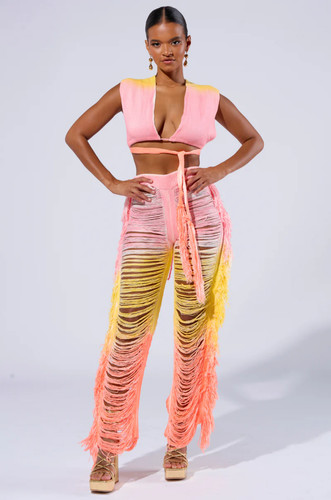 AKIRA TWO PIECE MULTI COLOR  FRINGE KNIT CROCHET PANT  SET  MEGAN THEE STALLION