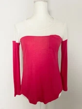 Splendid Womens T-Shirt Top Size XS White Red Color Block Scoop Neck Pocket