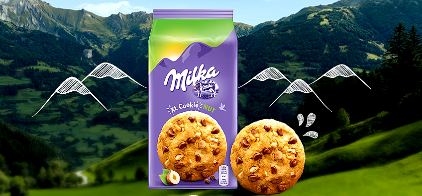 MILKA SENSATIONS COOKIES FILLED WITH ALPINE MILK CHOCOLATE, NUTS