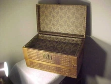 ANTIQUE WOOD & WALLPAPERED CHILDS  Original TRUNK + Original TOP Tray INSERT