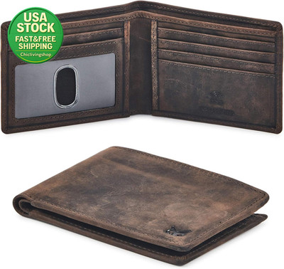 Real Leather Mens Bifold Wallet RFID Blocking Slim Minimalist Coffee Crazy Horse