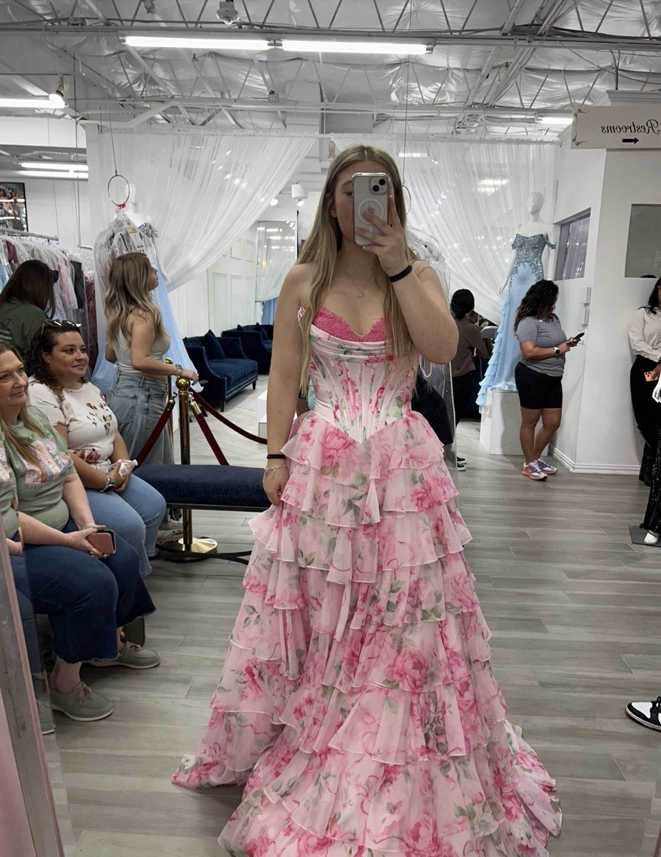 Pink Floral Layered Ruffle Strapless Sweetheart Organza Prom Dress Long | eBay Pink Floral Layered Ruffle Strapless Sweetheart Organza Prom Dress Long | eBay