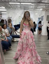 Pink Floral Layered Ruffle Strapless Sweetheart Organza Prom Dress Long
