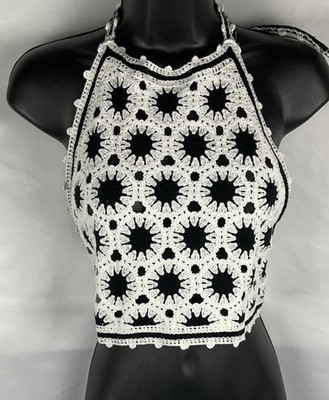 India Boutique Women s  S/M Crochet Knit Halter Top  Boho  Black & White No Tag