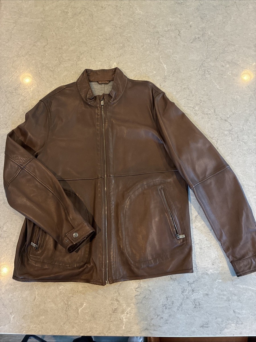 Massimo Dutti Men's Brown Leather Jacket XXL Full Zip Minimalist