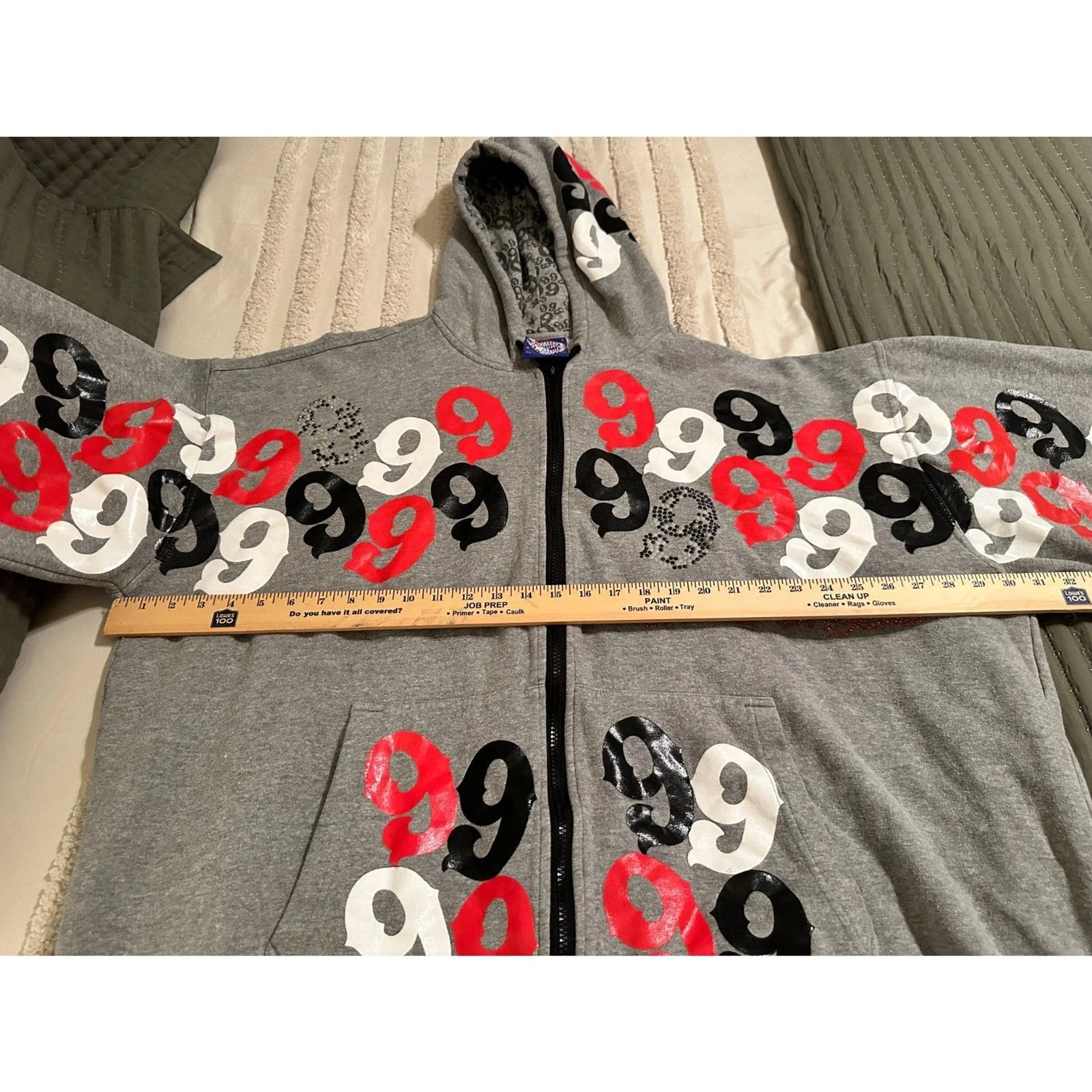 Gino Green Global Zip Up Hoodie Gray 4XL GGG 99 All Over Print Rhinestone Y2K - product detail image 4