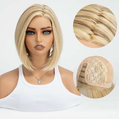Lace Front Wig Human Hair Blend Heat Ok  for Women Mix Blond Straight Wigs 12In