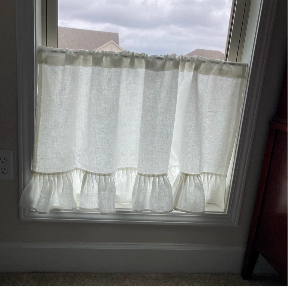 Cortina de lino con volantes o falda de fregadero 46W X 24L cortina de lino blanco Foto 3 de 3