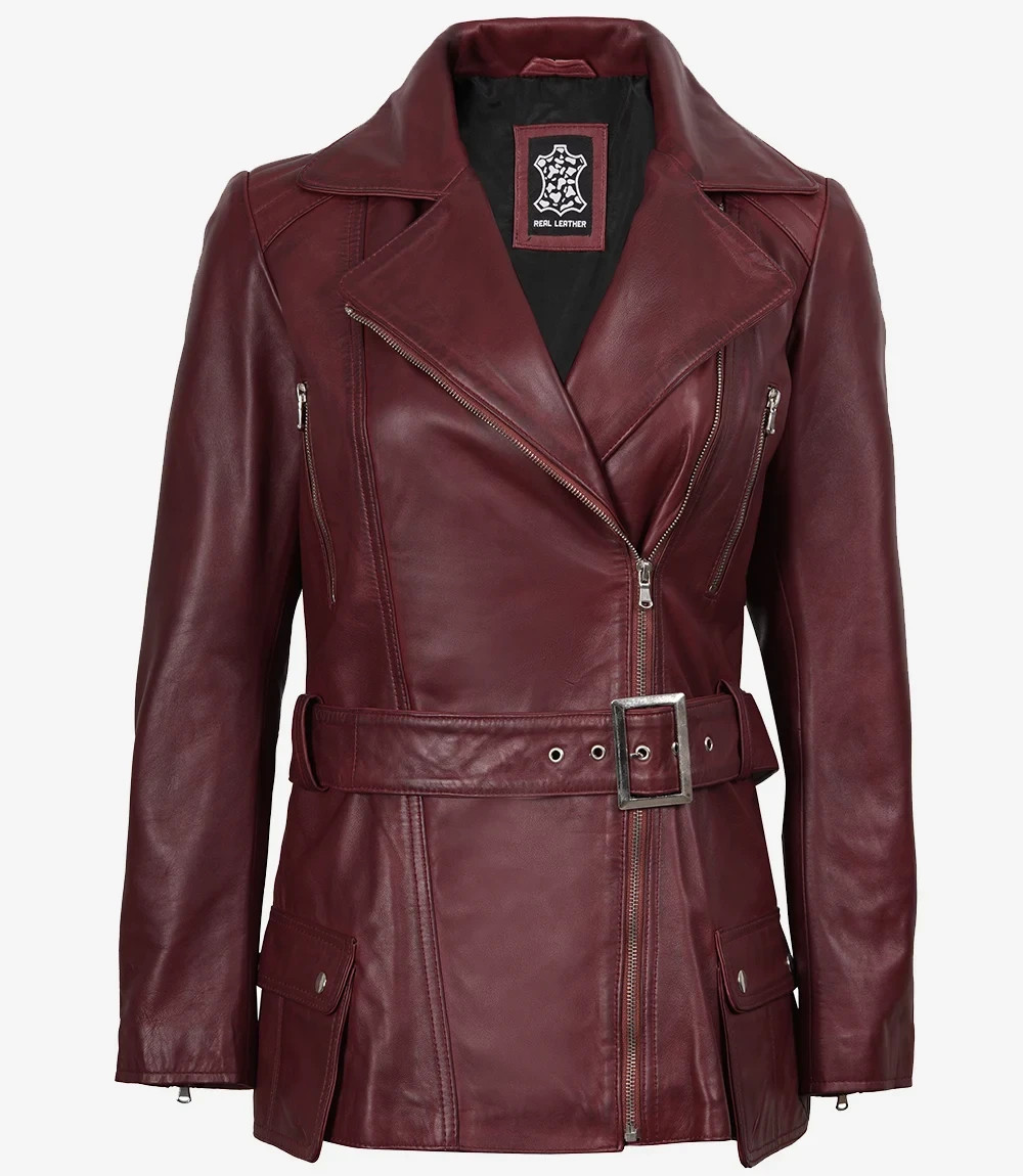 Women New Asymmetrical Belted Moto Biker Maroon Lambskin Long Leather Jacket