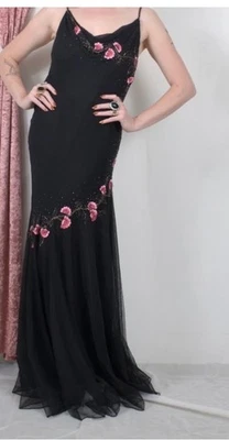 Y2K Silk Beaded Slip XSCAPE Black Gown Maxi Dress Bias Cut Mermaid 14 - image 1 of 4