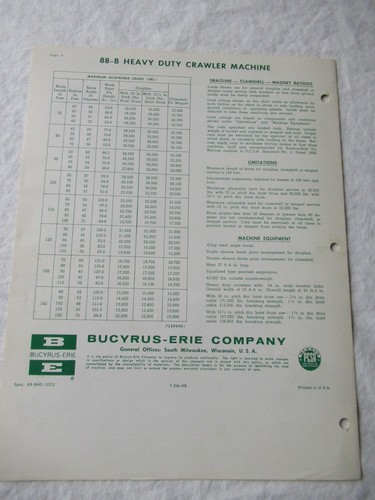 Bucyrus-Erie 88-B Series Four Heavy Duty Crawler Crane Specifications Brochure - Picture 8 of 8