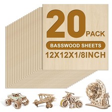 Basswood Sheets 1/8" 12"x12" - 20 Pack for Laser Cutting, Wood Burning, Crafts