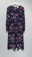 I. Madeline Garden Splendor Navy Blue Floral Midi Dress Women M Long Sleeve