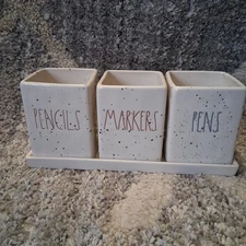 Rae Dunn Pencils Markers Pens Desk Organizer Set Soeckled White Ceramic Tray 189