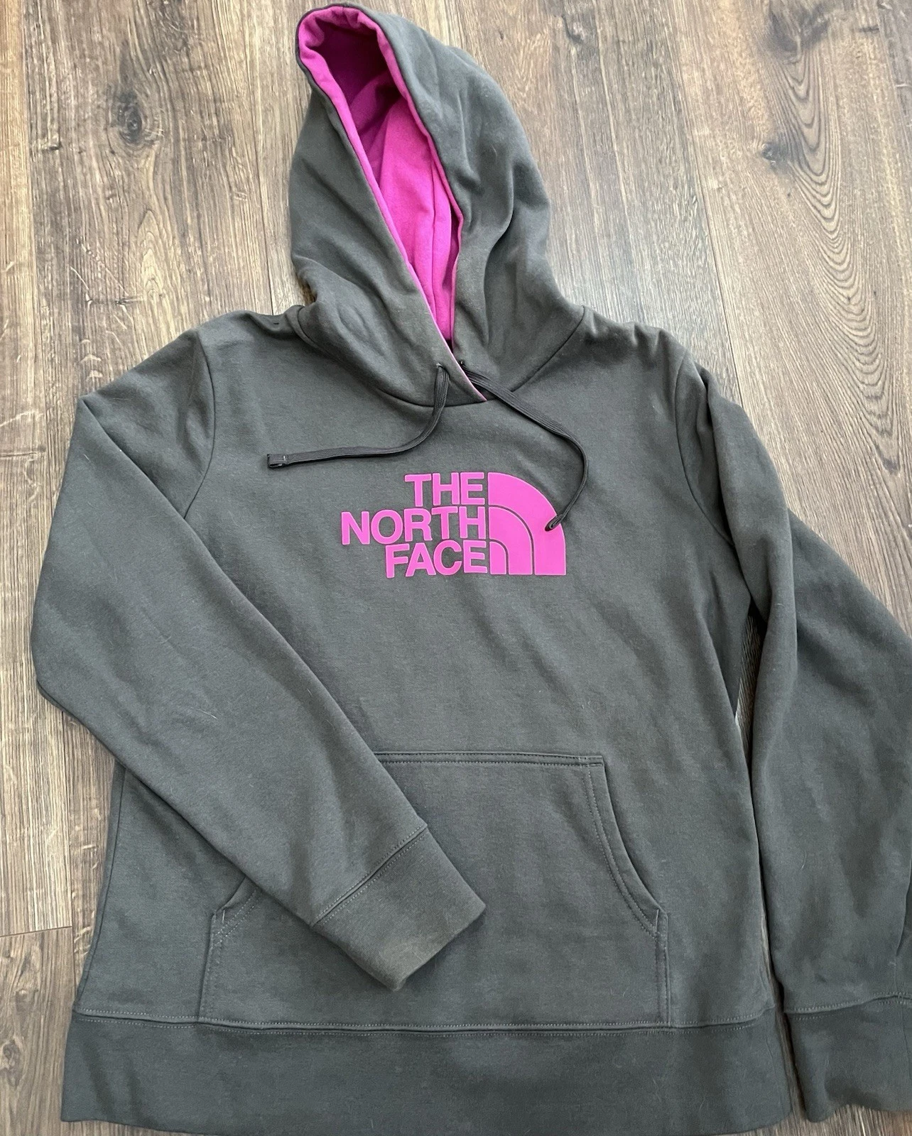 The North Face Hoodie Womens Large Pink Gray Pullover Sweatshirt Kangaroo Pocket