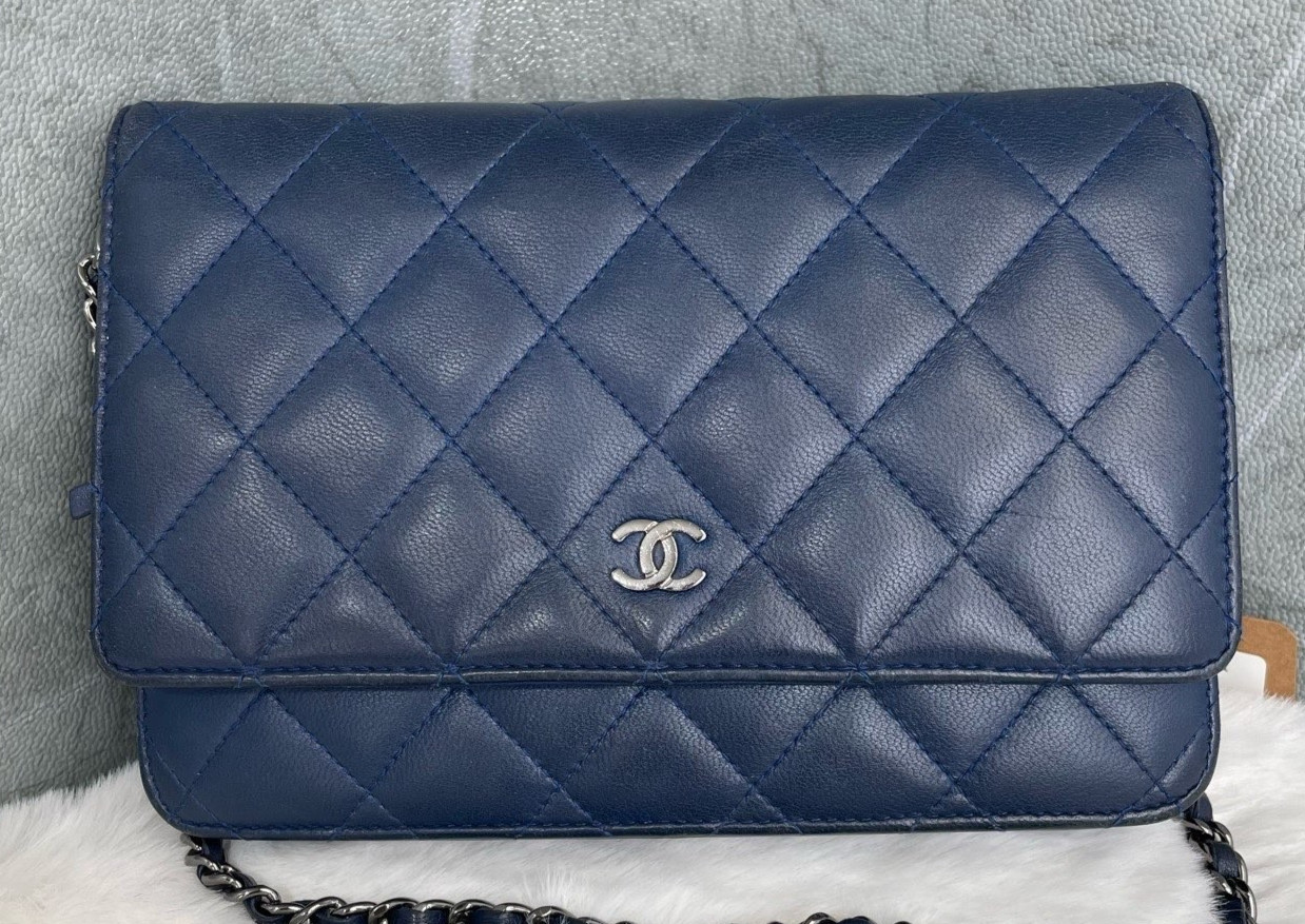 Chanel Classic Flap Calfskin Chain Shoulder Bag Blue Silver Women Designer