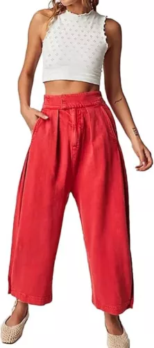 Women's Baggy Pants Wide Leg Casual Cotton Ankle Jeans Mid Rise Harem Pants - Picture 7 of 34