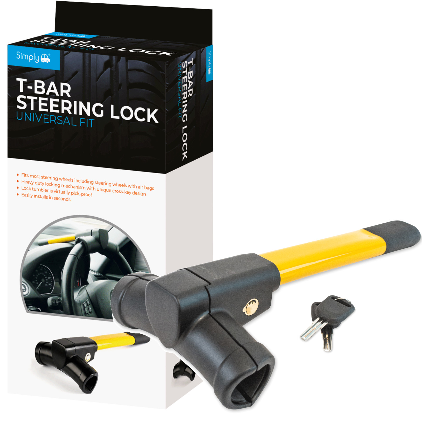 Simply Yellow T-Bar Car Steering Wheel Lock Anti-Theft Security Universal 2 Keys