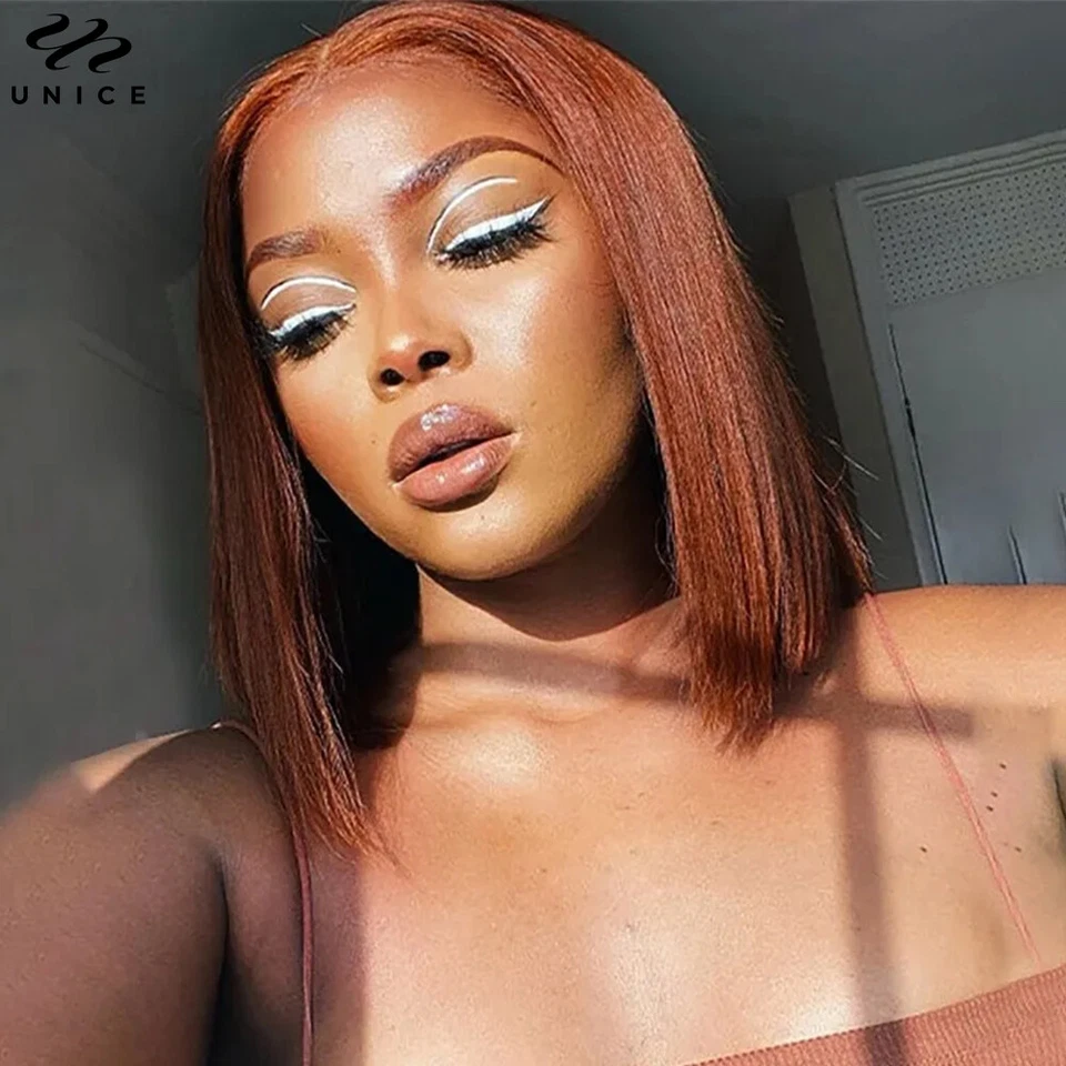 UNICES PELUCAS PERUANAS DE CABELLO HUMANO CON FRENTE DE ENCAJE RECTO BOB MARRÓN ROJIZO SIN PEGAMENTO EE. UU. Foto 2 de 4