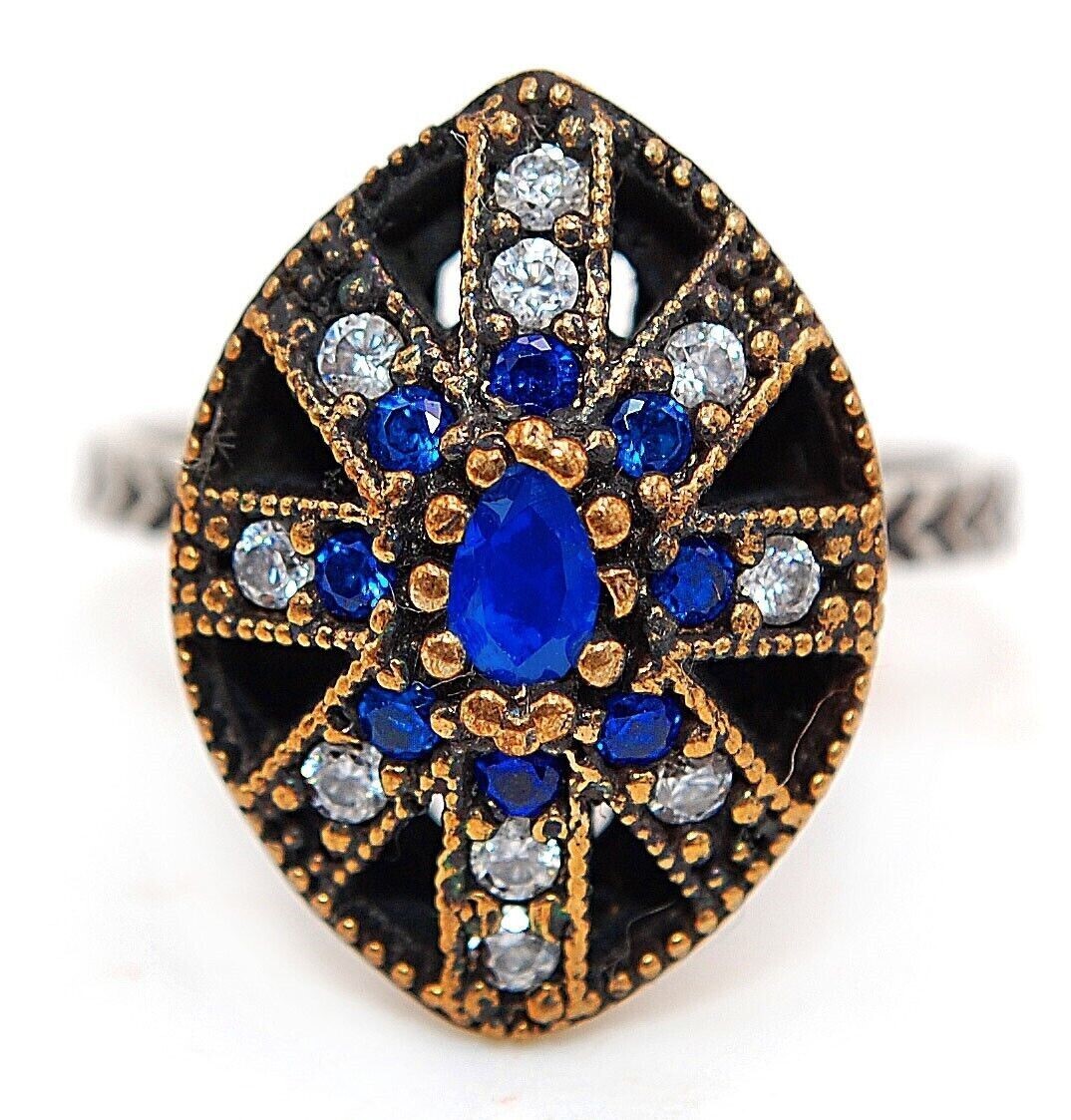 1CT Treated Sapphire Ottoman Empire Style 925 Sterling Silver Ring Size 8