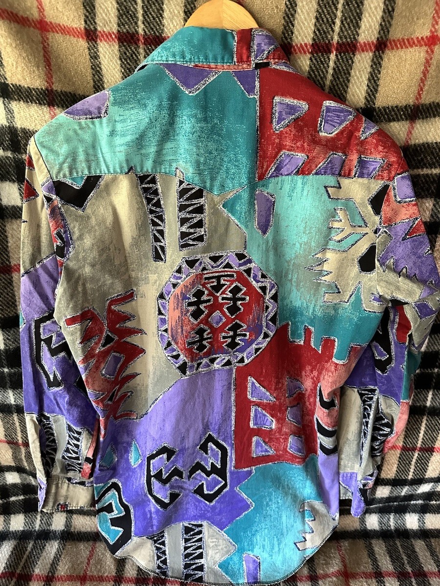 Vtg 90s Wrangler Western Colorful Aztec Print Button Up