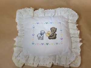 Vintage Handmade Needlepoint Pillow 13x12 inches White Yellow, Nursery