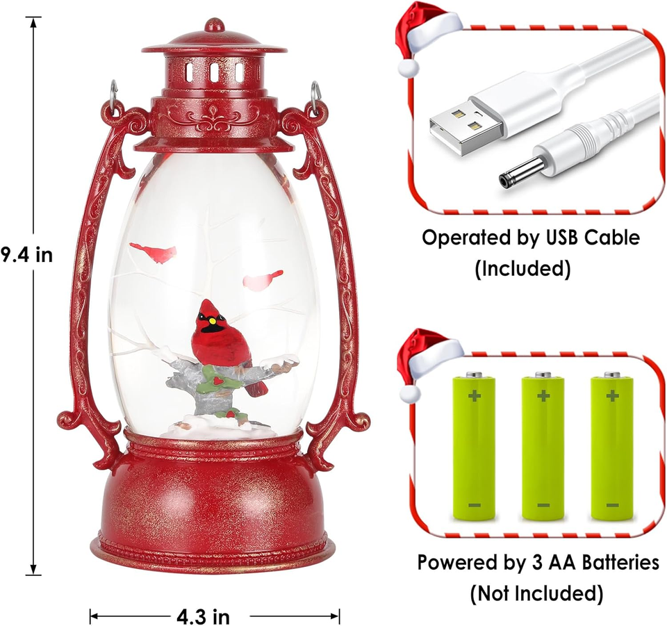 Cardinal Christmas Snow Globes, 6H Timer Lighted Christmas Lantern with