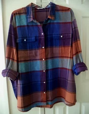 Royal Blue Rust Orange Teal Plaid Cotton Pocket Flannel Shirt 3XL 4X 26 28 3X
