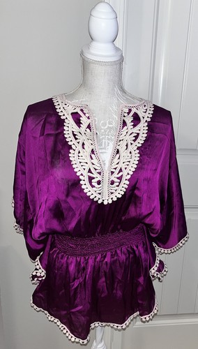 NUEVO Grace Elements Magenta Satin White Crochet Trim Blusa Top Size XL $49 - Imagen 6 de 12