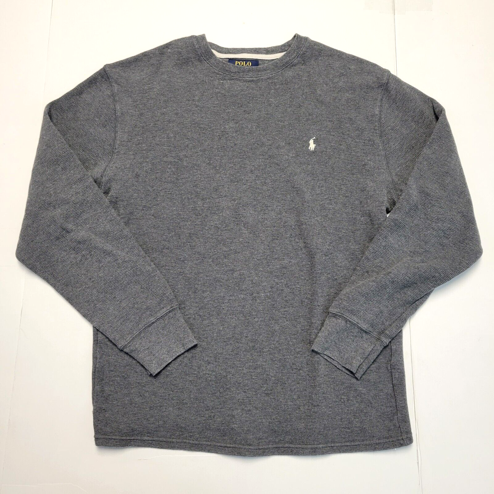 Ralph Lauren POLO maglia waffle termica COTONE uomo GRANDE L grigio CREW NECK pony