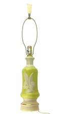 1930s Vtg Aladdin Alacite Chartreuse & Ivory Lamp Lily Valley with Scroll Finial