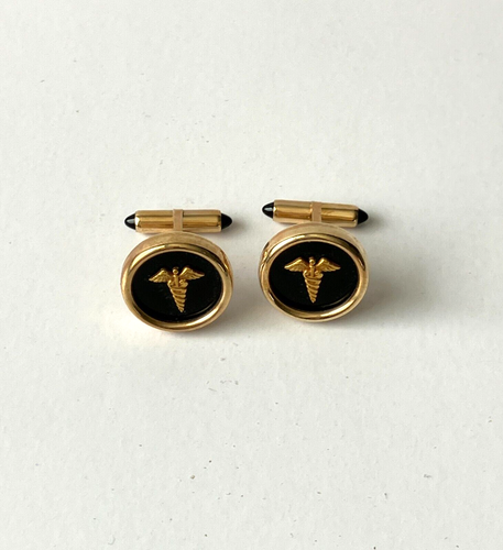 Vintage Cufflinks KREMENTZ Mens Black Onyx Gold Tone Doctor Medical Caduceus EUC - Picture 5 of 5