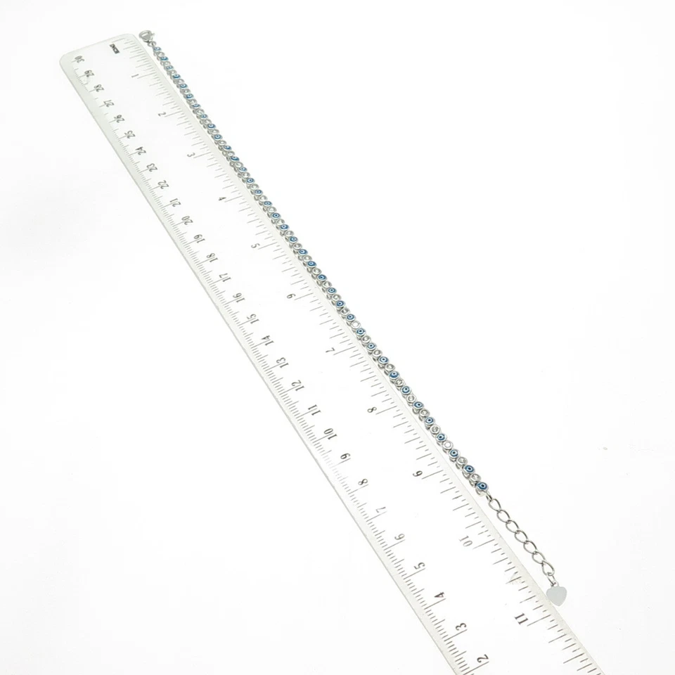 Pulseira de prata esterlina 925 esmalte C Z Evil's Eye tornozeleira 9,5-10,5" - Imagem 2 de 4