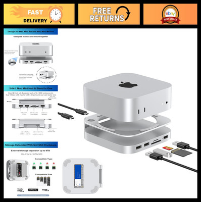 Aluminum Docking Station for Mac Mini M4/M4 Pro 2024, USB-A Hub, M.2 SSD Enclosu