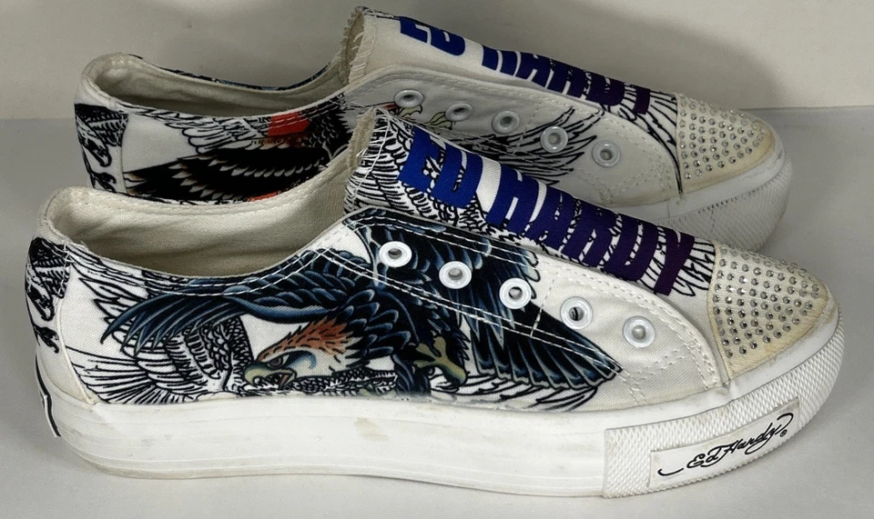 Ed Hardy Poppy Eagle Rhinestone No Lace Slip On Shoes Sneakers Womens Size 8 - Image 3 of 4