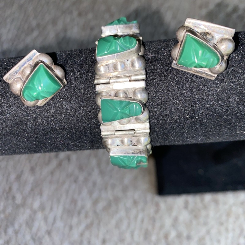 VTG  930 Sterling Silver Mexico Hand Carved Green Onyx Mexican Mask Bracelet Set