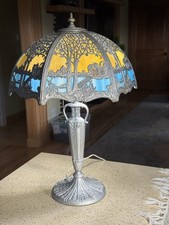 LARGE Size Scenic 12 Panel Slag Blue Glass Antique Table Lamp